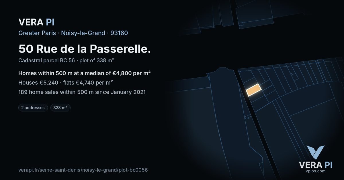 50 Rue de la Passerelle, Noisy-le-Grand at night – the plot lit, the parcels around coloured by the prices near them
