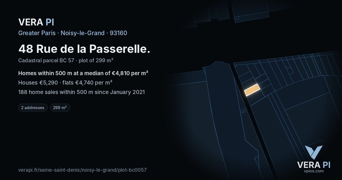 48 Rue de la Passerelle, Noisy-le-Grand at night – the plot lit, the parcels around coloured by the prices near them