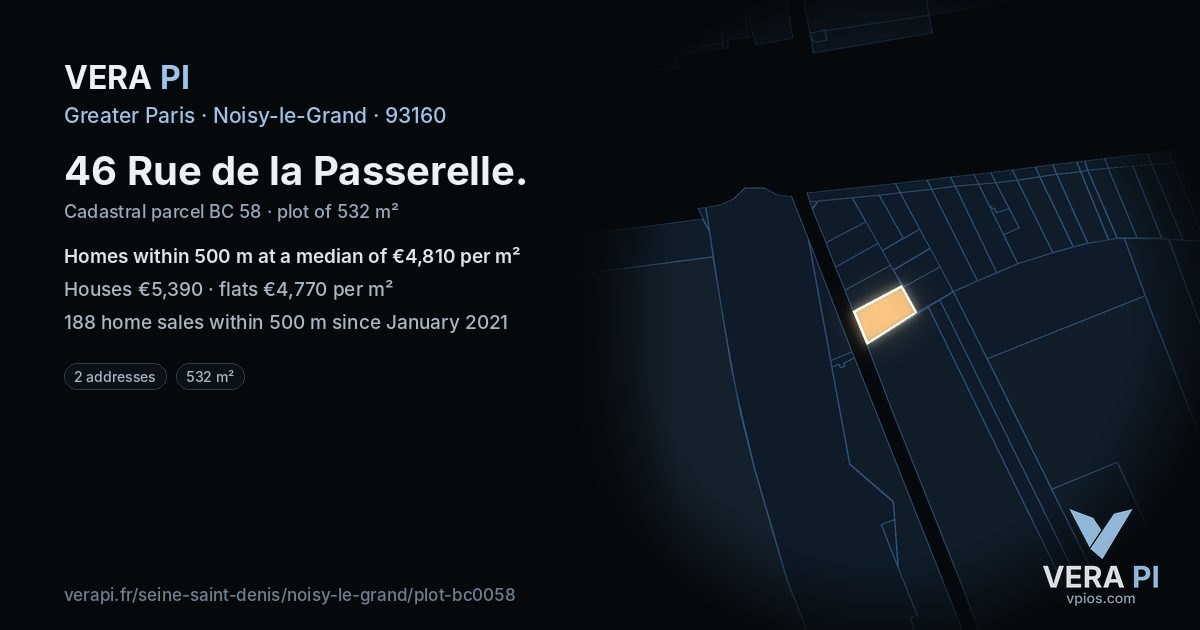 46 Rue de la Passerelle, Noisy-le-Grand at night – the plot lit, the parcels around coloured by the prices near them