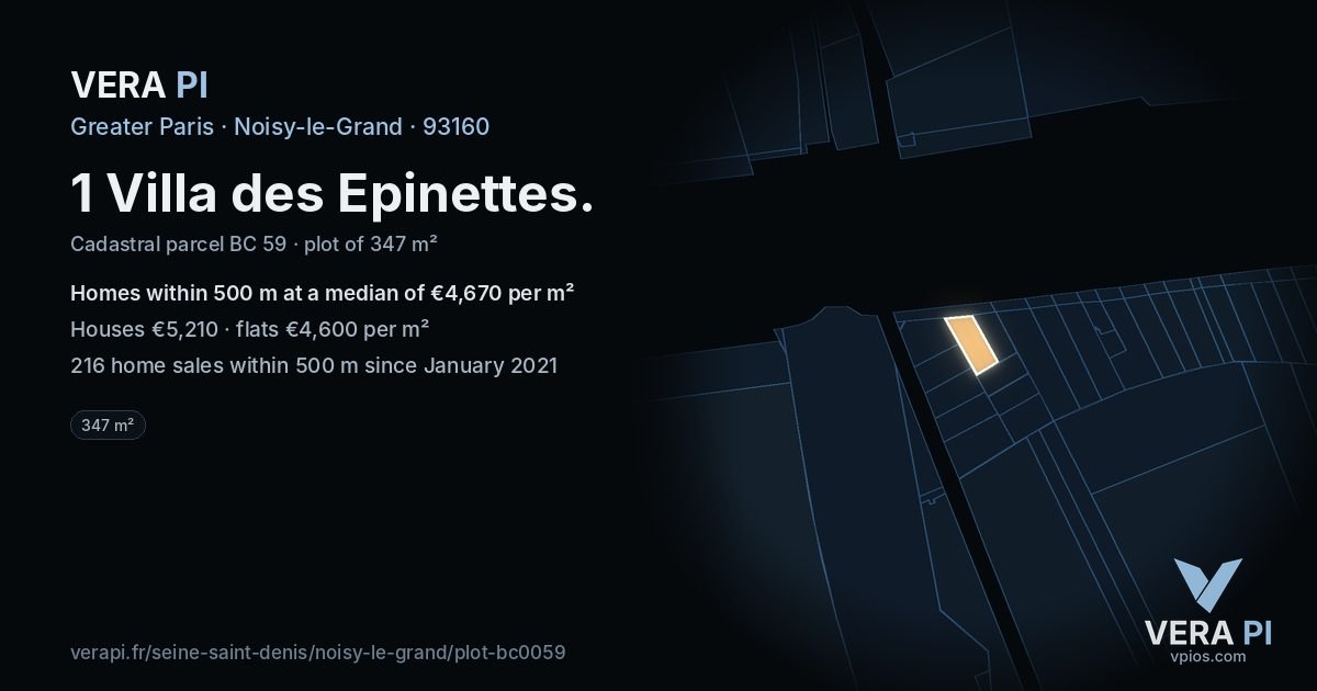 1 Villa des Epinettes, Noisy-le-Grand at night – the plot lit, the parcels around coloured by the prices near them