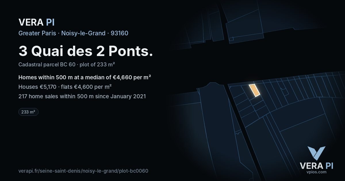 3 Quai des 2 Ponts, Noisy-le-Grand at night – the plot lit, the parcels around coloured by the prices near them