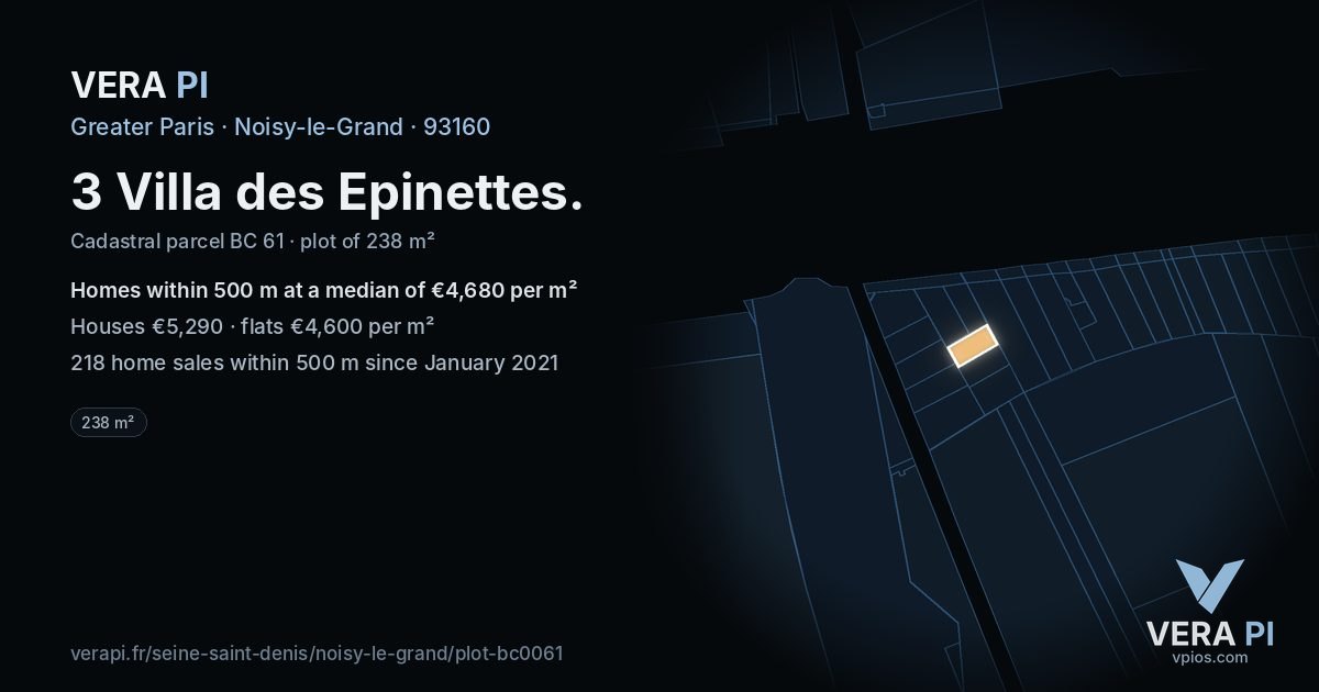 3 Villa des Epinettes, Noisy-le-Grand at night – the plot lit, the parcels around coloured by the prices near them