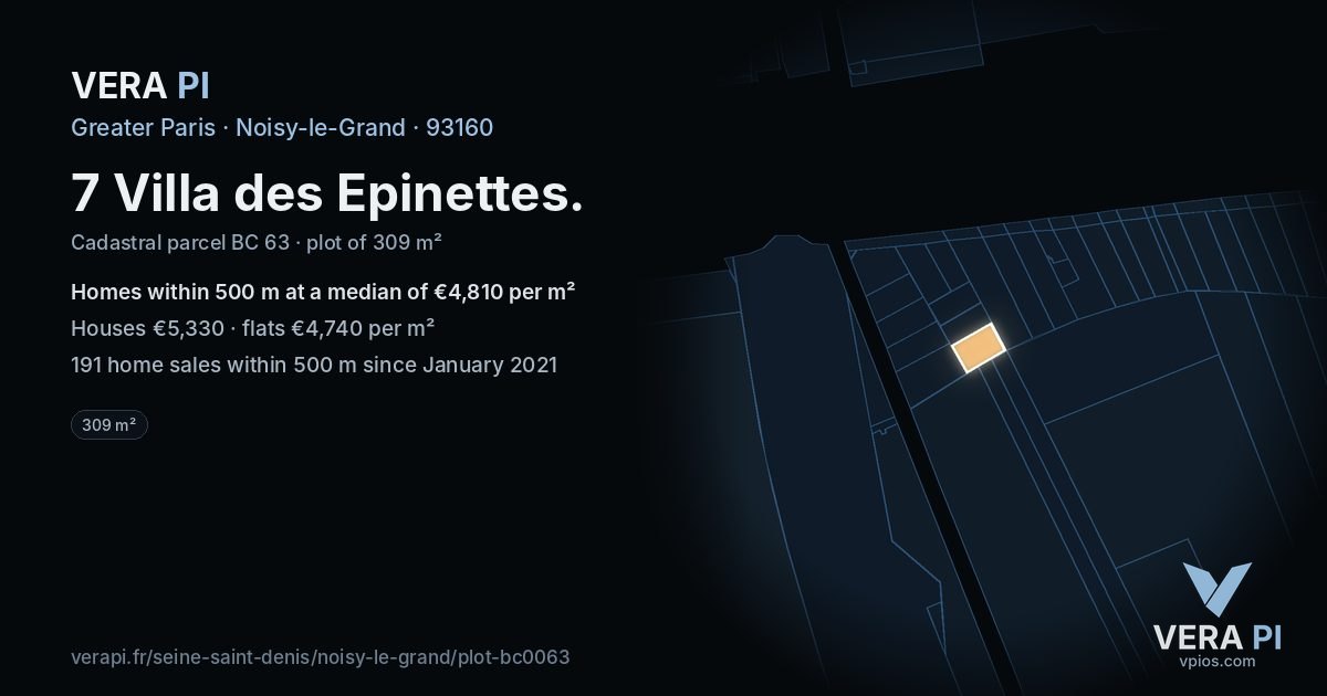 7 Villa des Epinettes, Noisy-le-Grand at night – the plot lit, the parcels around coloured by the prices near them