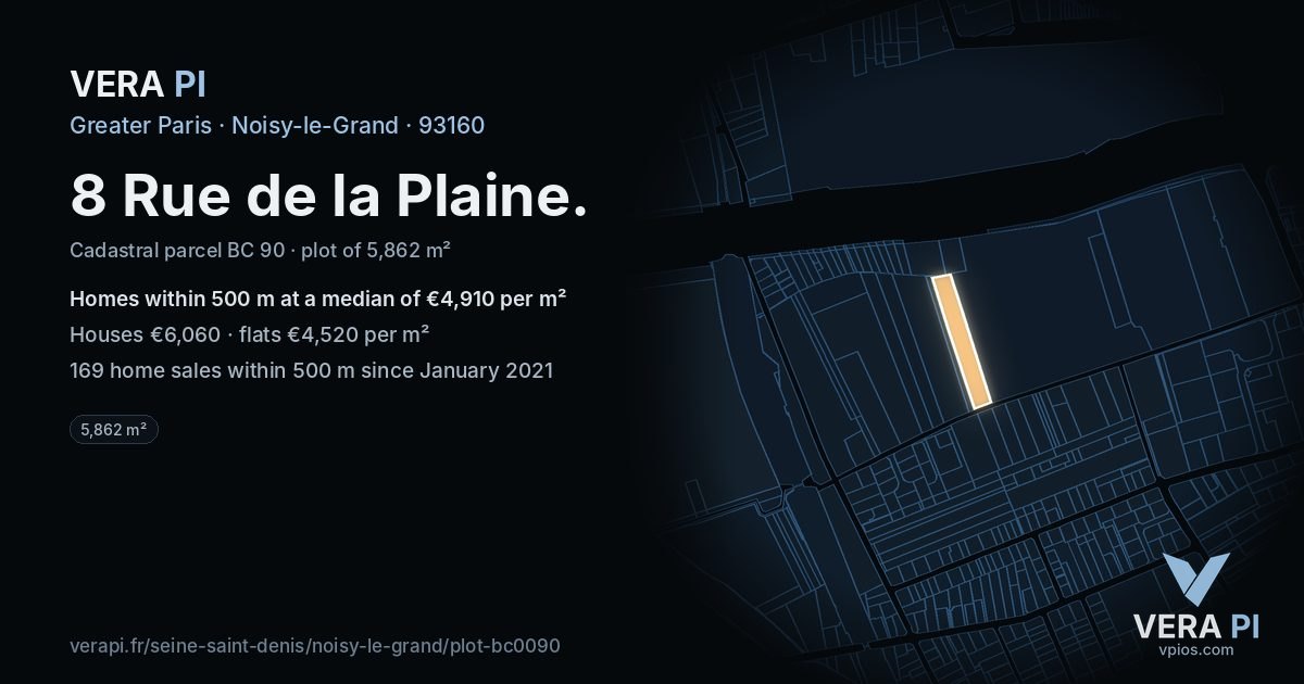8 Rue de la Plaine, Noisy-le-Grand at night – the plot lit, the parcels around coloured by the prices near them