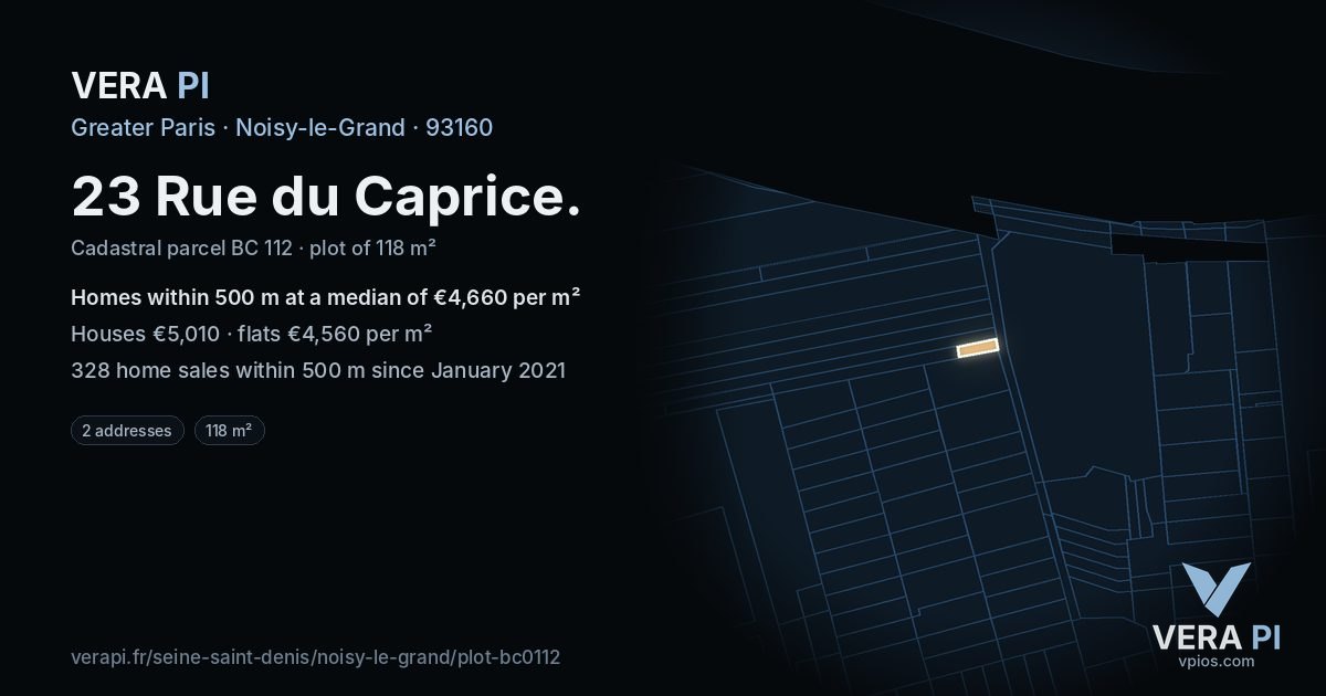 23 Rue du Caprice, Noisy-le-Grand at night – the plot lit, the parcels around coloured by the prices near them