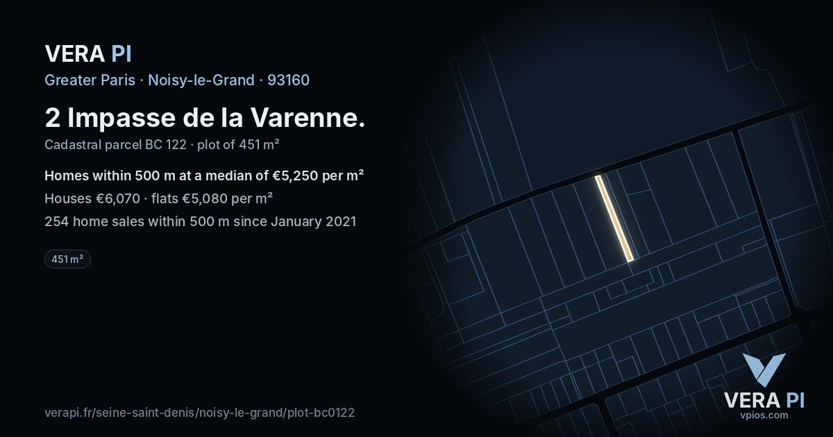 2 Impasse de la Varenne, Noisy-le-Grand at night – the plot lit, the parcels around coloured by the prices near them