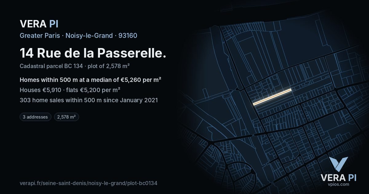 14 Rue de la Passerelle, Noisy-le-Grand at night – the plot lit, the parcels around coloured by the prices near them
