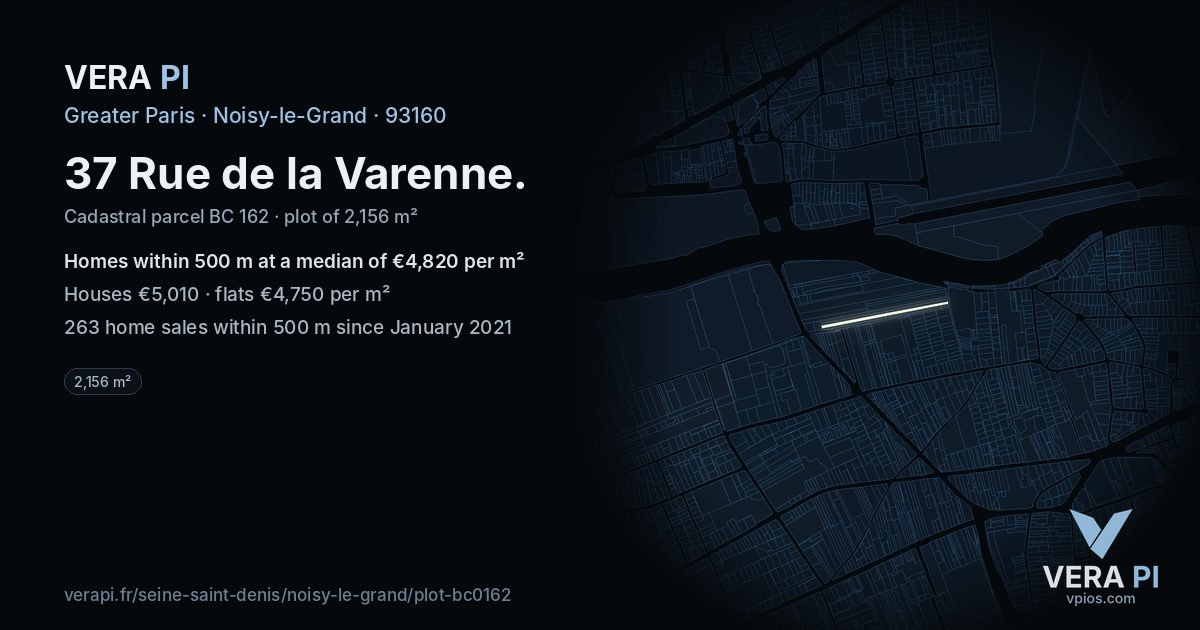 37 Rue de la Varenne, Noisy-le-Grand at night – the plot lit, the parcels around coloured by the prices near them