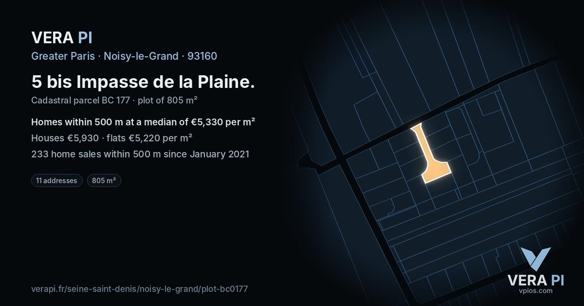 5 bis Impasse de la Plaine, Noisy-le-Grand at night – the plot lit, the parcels around coloured by the prices near them