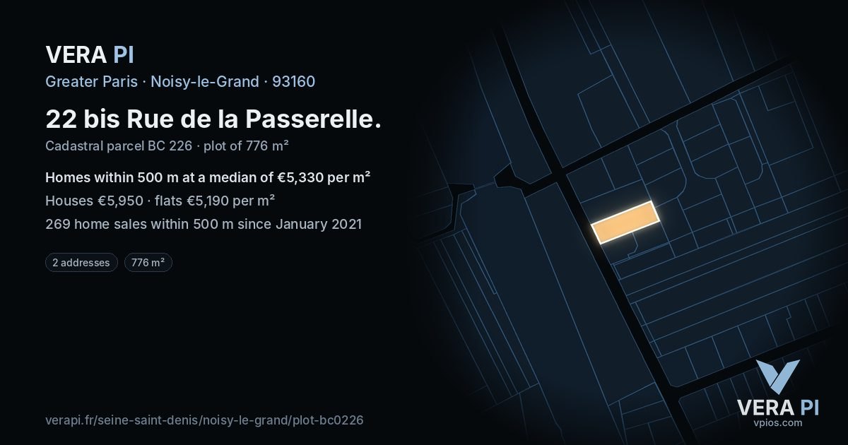 22 bis Rue de la Passerelle, Noisy-le-Grand at night – the plot lit, the parcels around coloured by the prices near them