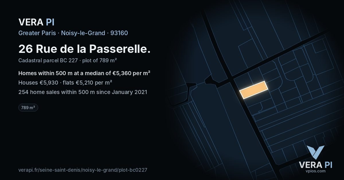 26 Rue de la Passerelle, Noisy-le-Grand at night – the plot lit, the parcels around coloured by the prices near them