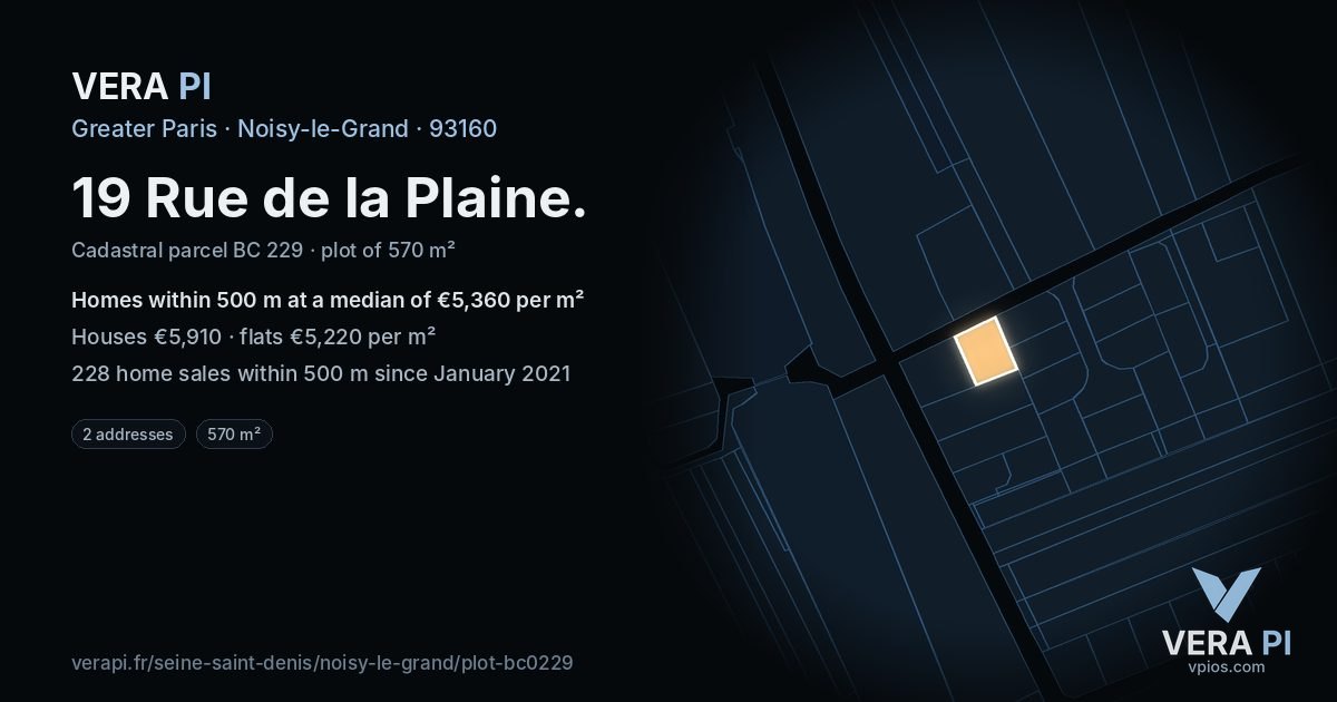 19 Rue de la Plaine, Noisy-le-Grand at night – the plot lit, the parcels around coloured by the prices near them
