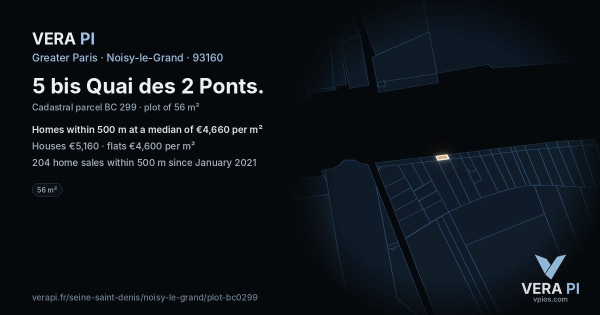 5 bis Quai des 2 Ponts, Noisy-le-Grand at night – the plot lit, the parcels around coloured by the prices near them
