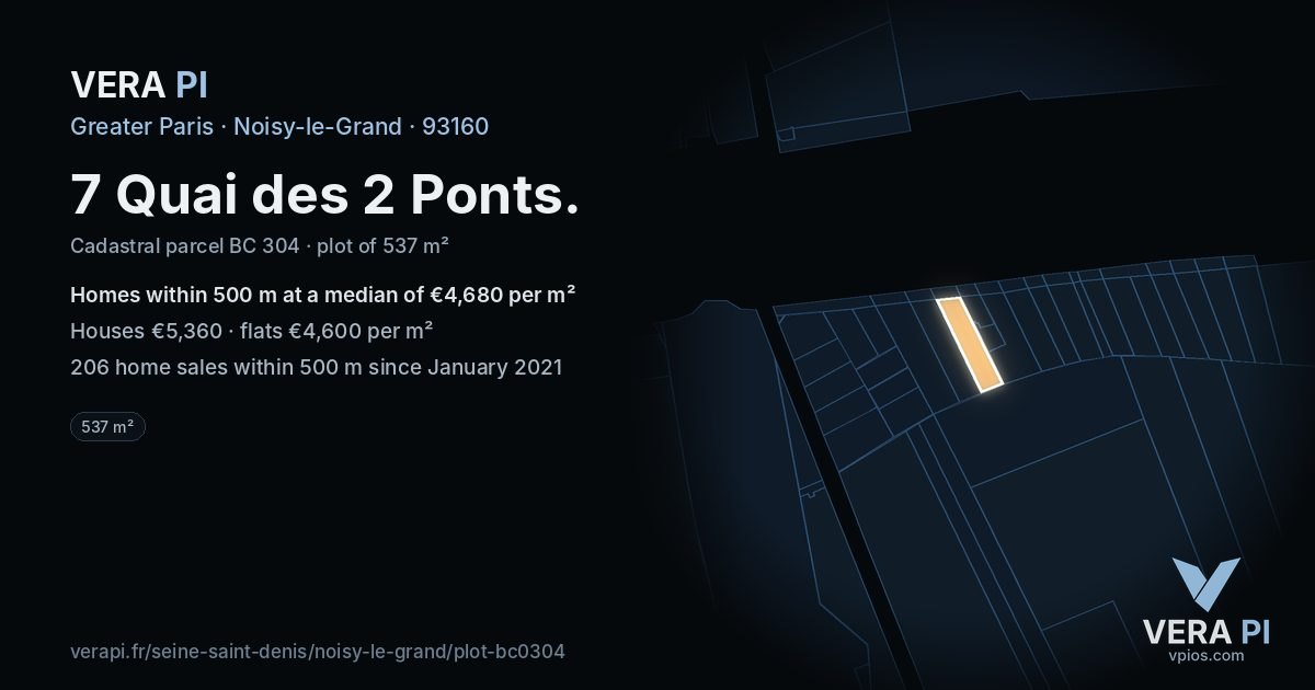 7 Quai des 2 Ponts, Noisy-le-Grand at night – the plot lit, the parcels around coloured by the prices near them