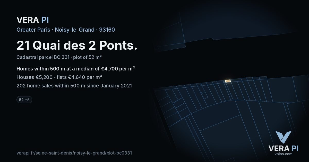 21 Quai des 2 Ponts, Noisy-le-Grand at night – the plot lit, the parcels around coloured by the prices near them