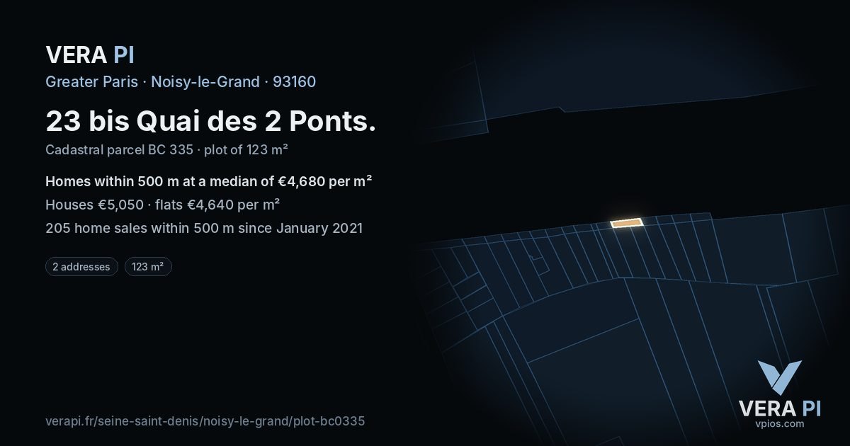 23 bis Quai des 2 Ponts, Noisy-le-Grand at night – the plot lit, the parcels around coloured by the prices near them
