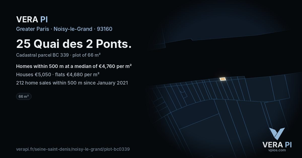 25 Quai des 2 Ponts, Noisy-le-Grand at night – the plot lit, the parcels around coloured by the prices near them