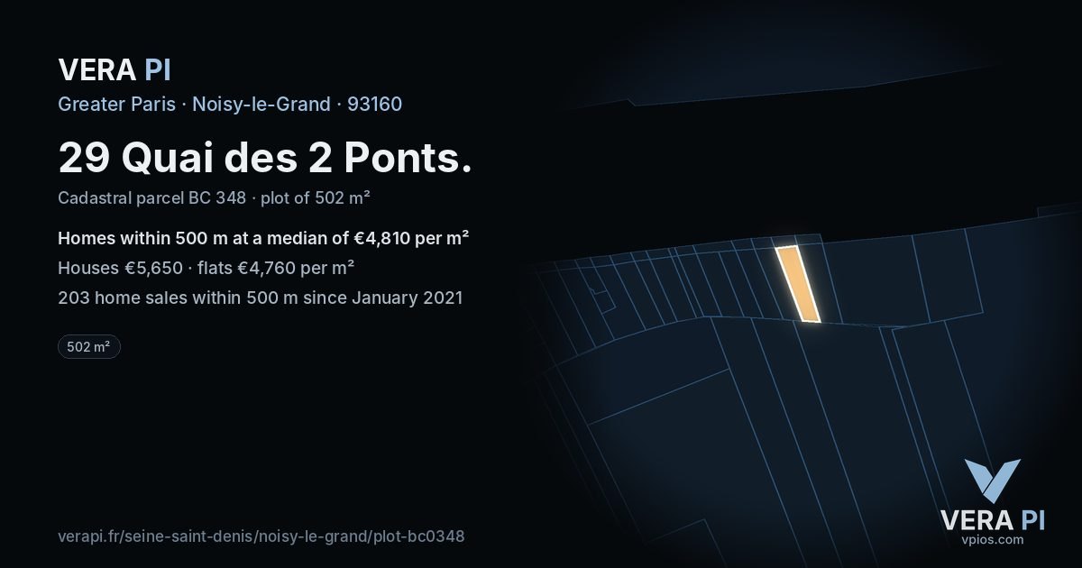 29 Quai des 2 Ponts, Noisy-le-Grand at night – the plot lit, the parcels around coloured by the prices near them