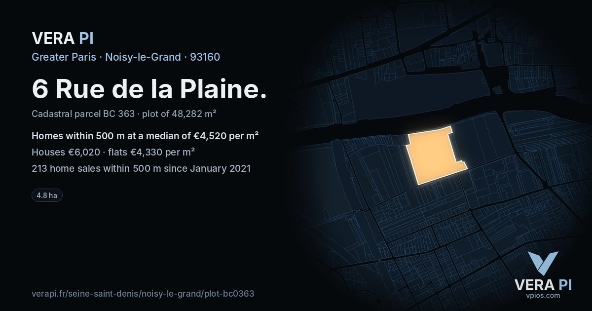 6 Rue de la Plaine, Noisy-le-Grand at night – the plot lit, the parcels around coloured by the prices near them