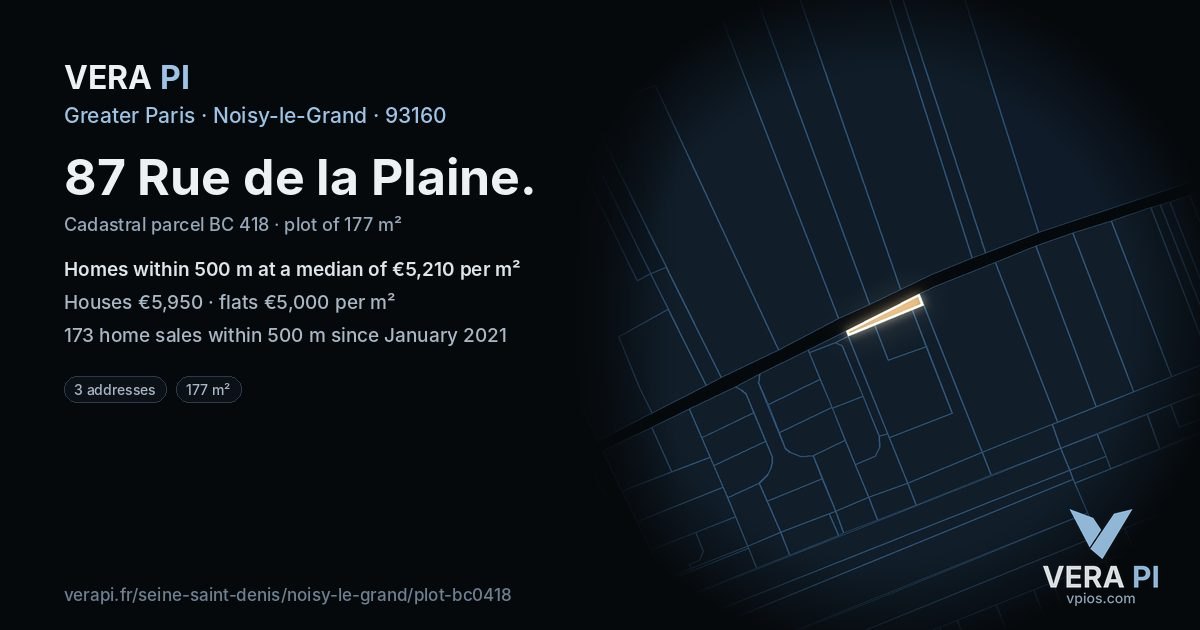 87 Rue de la Plaine, Noisy-le-Grand at night – the plot lit, the parcels around coloured by the prices near them