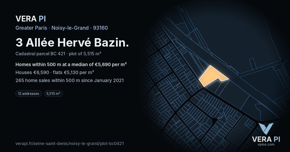 3 Allée Hervé Bazin, Noisy-le-Grand at night – the plot lit, the parcels around coloured by the prices near them