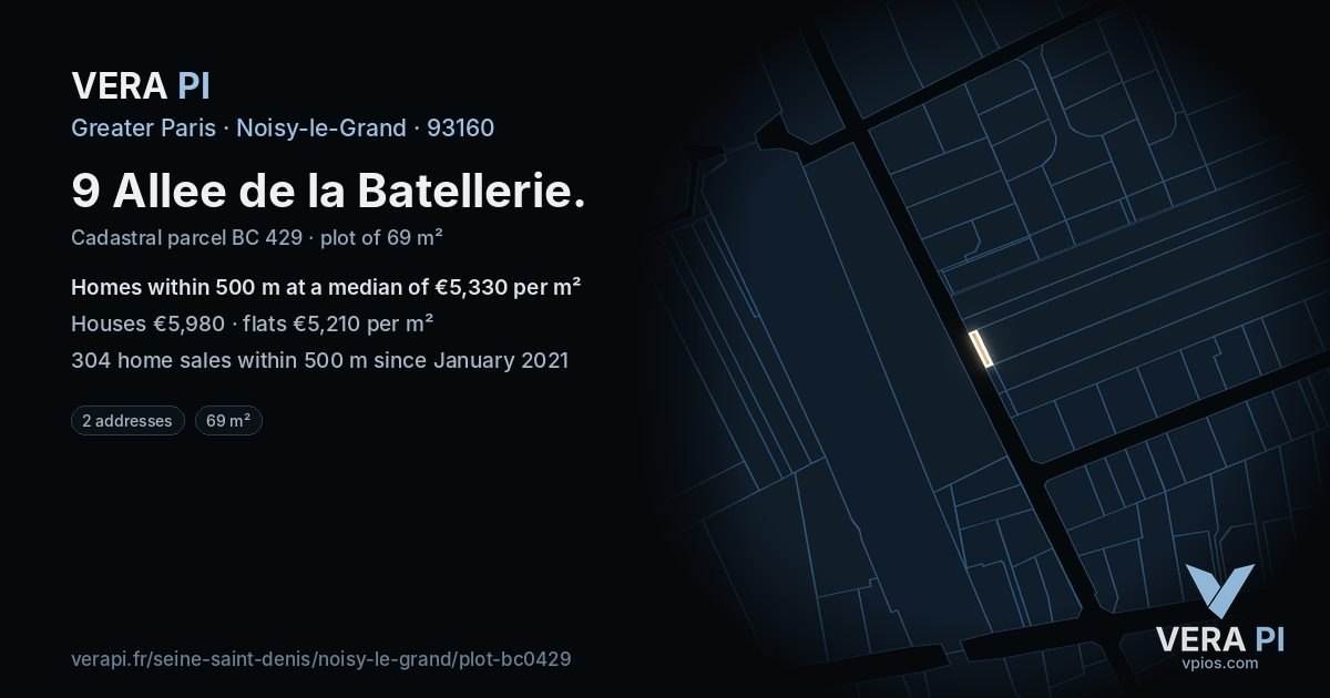 9 Allee de la Batellerie, Noisy-le-Grand at night – the plot lit, the parcels around coloured by the prices near them