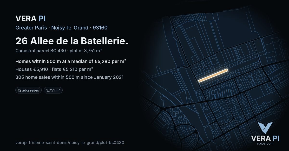 26 Allee de la Batellerie, Noisy-le-Grand at night – the plot lit, the parcels around coloured by the prices near them