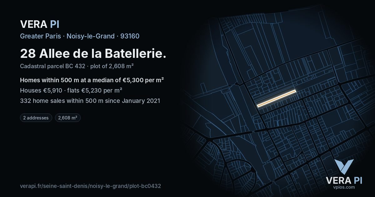 28 Allee de la Batellerie, Noisy-le-Grand at night – the plot lit, the parcels around coloured by the prices near them