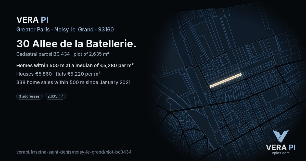 30 Allee de la Batellerie, Noisy-le-Grand at night – the plot lit, the parcels around coloured by the prices near them