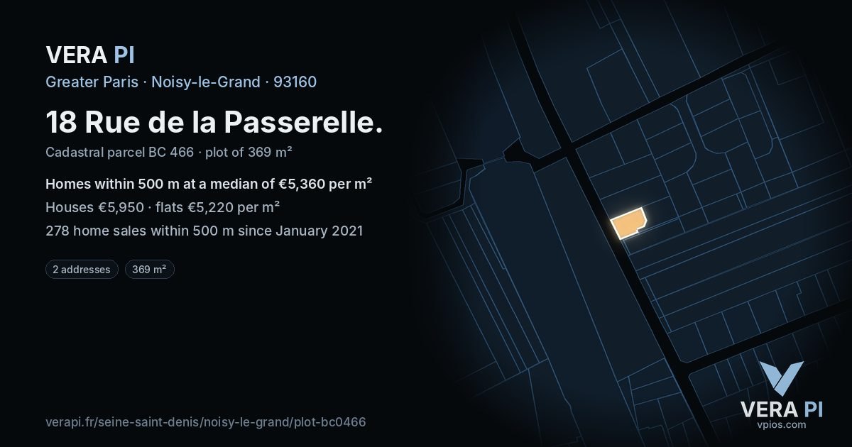18 Rue de la Passerelle, Noisy-le-Grand at night – the plot lit, the parcels around coloured by the prices near them