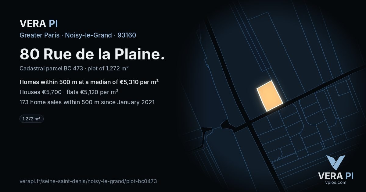 80 Rue de la Plaine, Noisy-le-Grand at night – the plot lit, the parcels around coloured by the prices near them