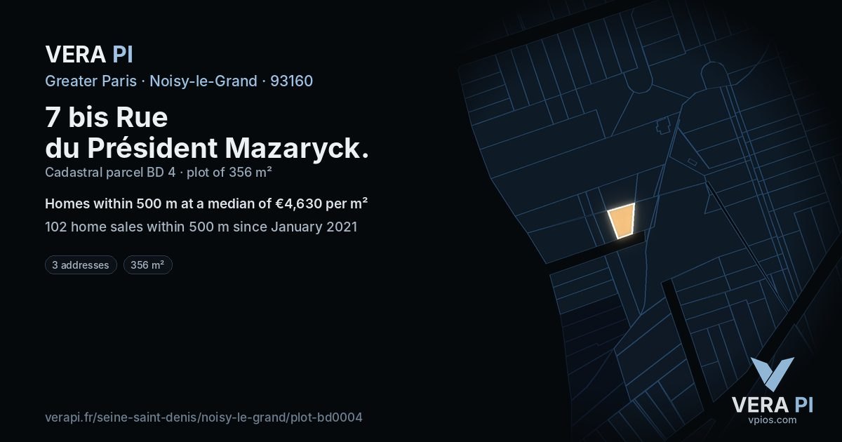 7 bis Rue du Président Mazaryck, Noisy-le-Grand at night – the plot lit, the parcels around coloured by the prices near them
