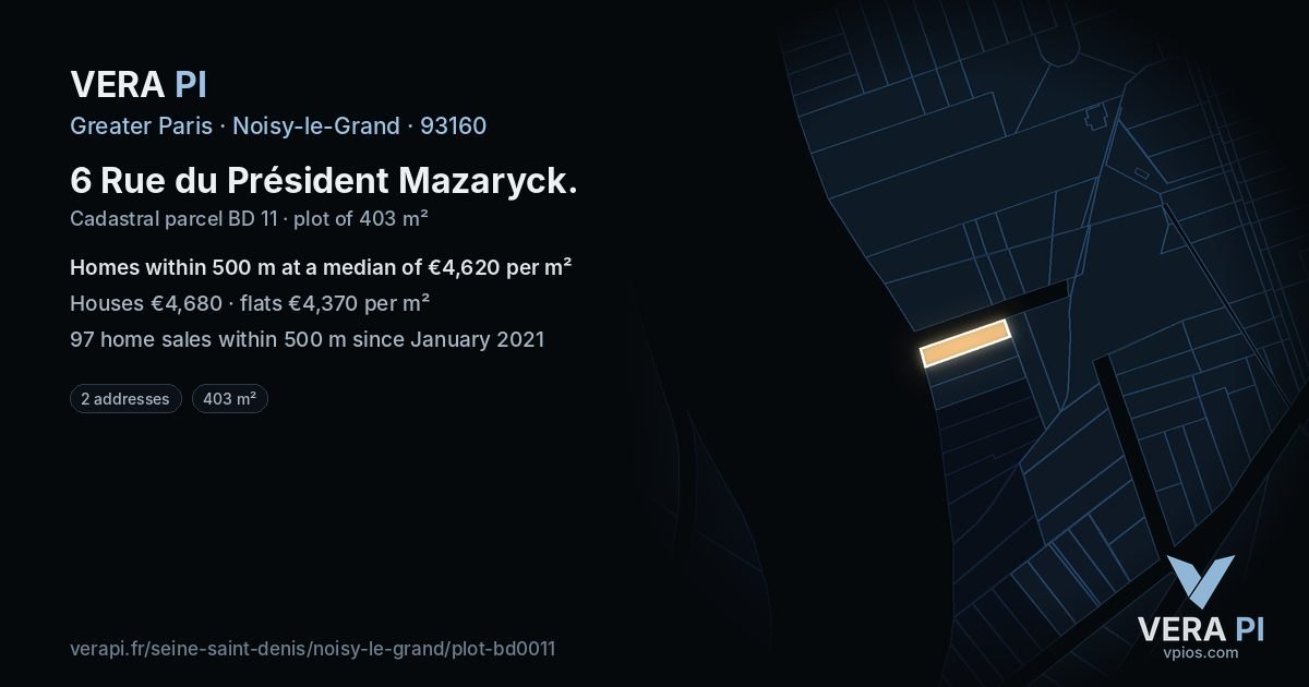 6 Rue du Président Mazaryck, Noisy-le-Grand at night – the plot lit, the parcels around coloured by the prices near them