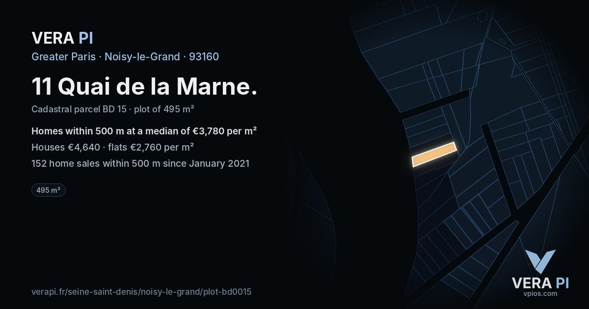 11 Quai de la Marne, Noisy-le-Grand at night – the plot lit, the parcels around coloured by the prices near them