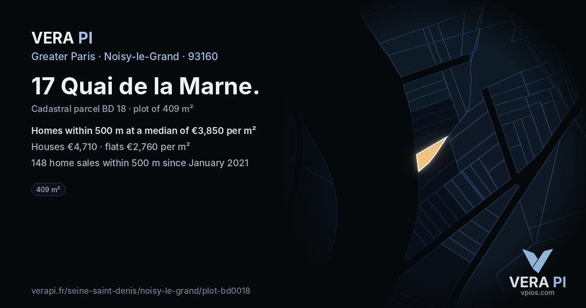 17 Quai de la Marne, Noisy-le-Grand at night – the plot lit, the parcels around coloured by the prices near them
