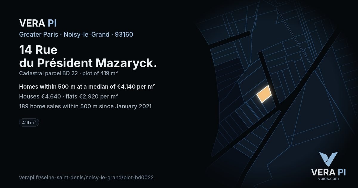 14 Rue du Président Mazaryck, Noisy-le-Grand at night – the plot lit, the parcels around coloured by the prices near them