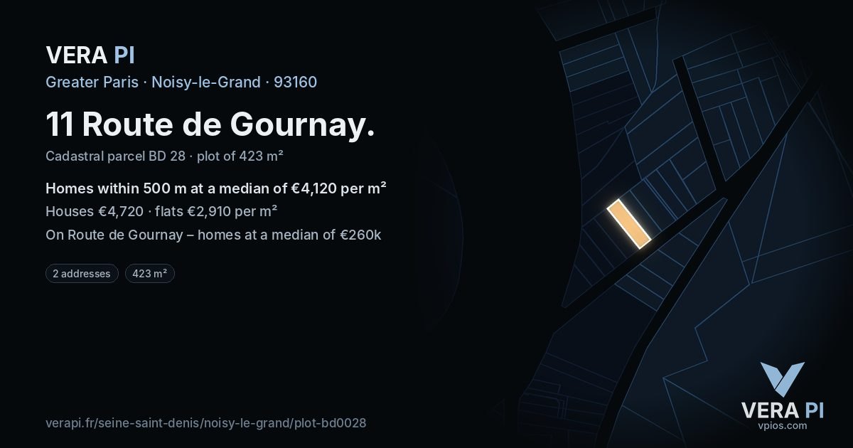 11 Route de Gournay, Noisy-le-Grand at night – the plot lit, the parcels around coloured by the prices near them