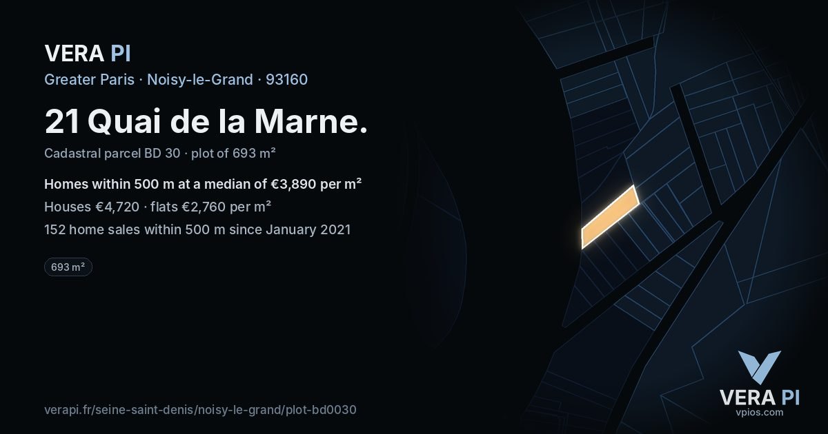 21 Quai de la Marne, Noisy-le-Grand at night – the plot lit, the parcels around coloured by the prices near them