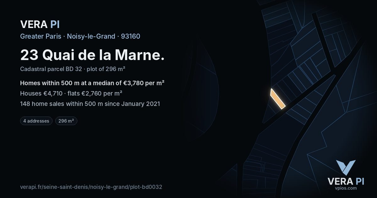 23 Quai de la Marne, Noisy-le-Grand at night – the plot lit, the parcels around coloured by the prices near them