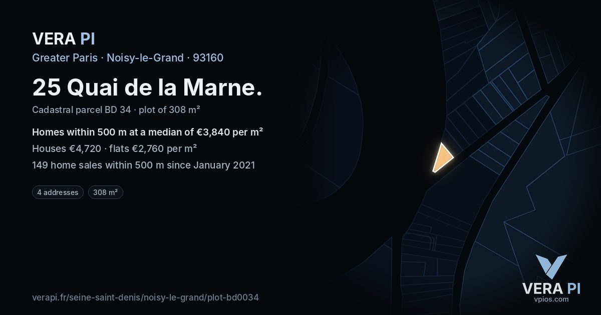 25 Quai de la Marne, Noisy-le-Grand at night – the plot lit, the parcels around coloured by the prices near them