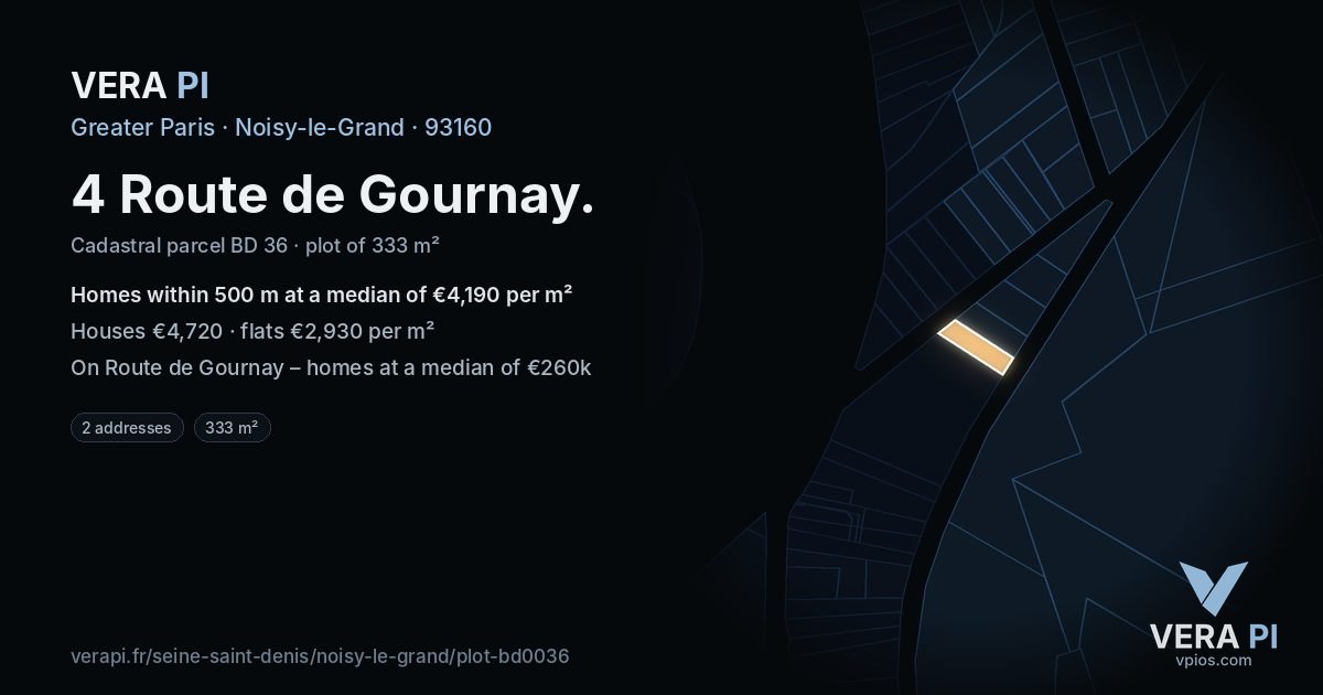 4 Route de Gournay, Noisy-le-Grand at night – the plot lit, the parcels around coloured by the prices near them
