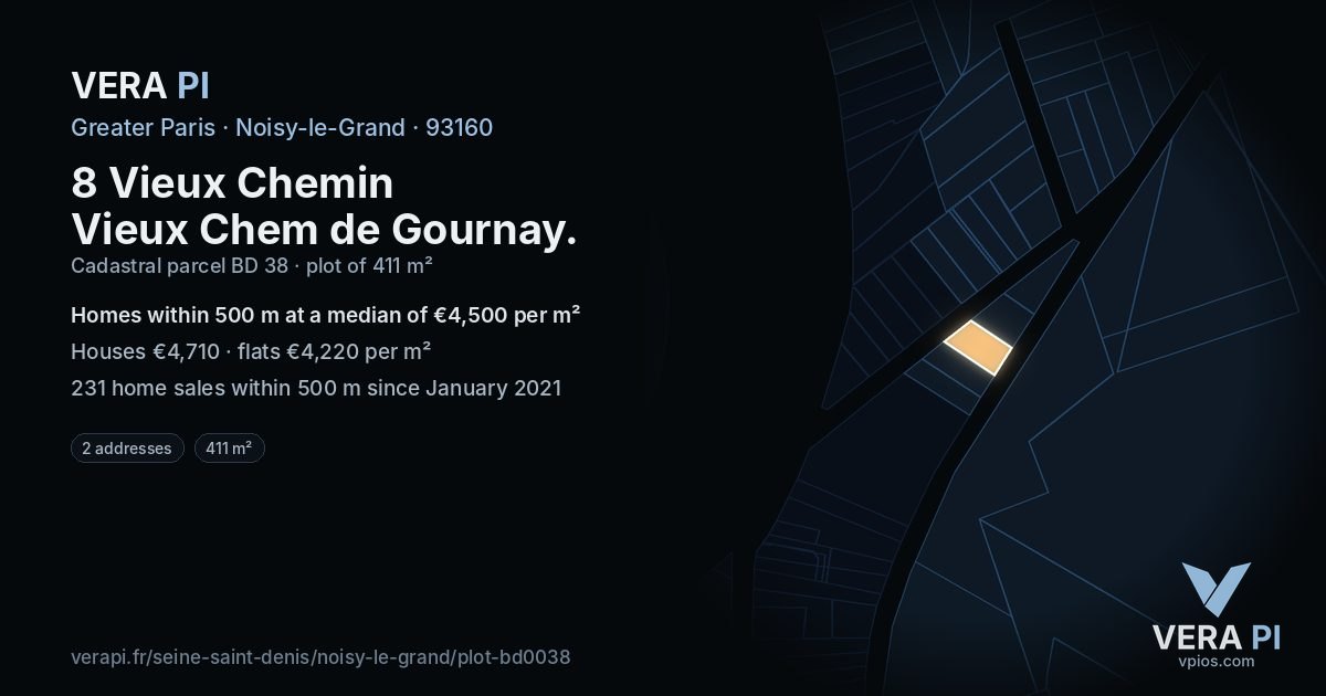 8 Vieux Chemin Vieux Chem de Gournay, Noisy-le-Grand at night – the plot lit, the parcels around coloured by the prices near them