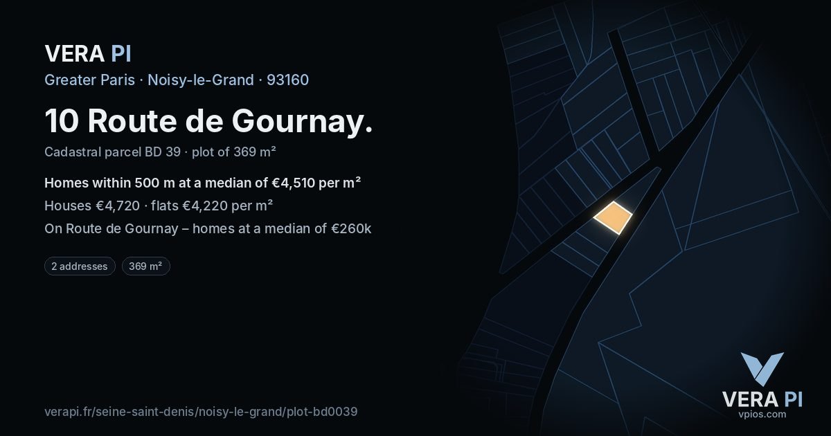 10 Route de Gournay, Noisy-le-Grand at night – the plot lit, the parcels around coloured by the prices near them