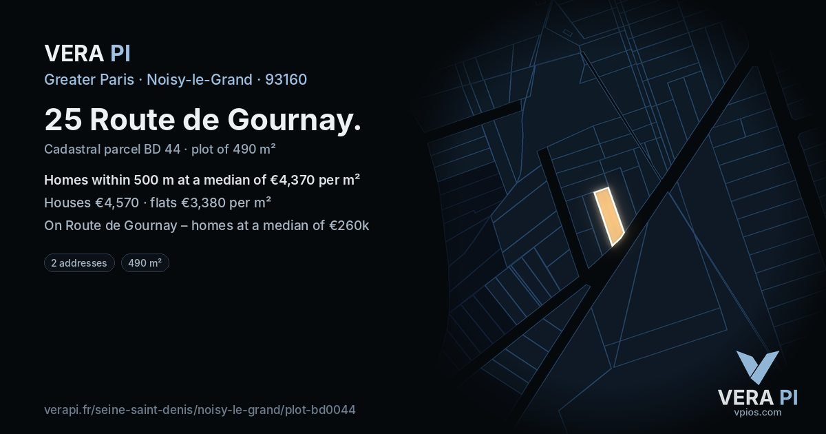 25 Route de Gournay, Noisy-le-Grand at night – the plot lit, the parcels around coloured by the prices near them