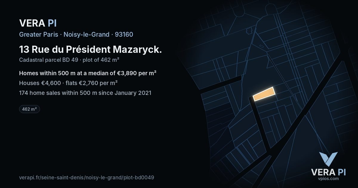 13 Rue du Président Mazaryck, Noisy-le-Grand at night – the plot lit, the parcels around coloured by the prices near them