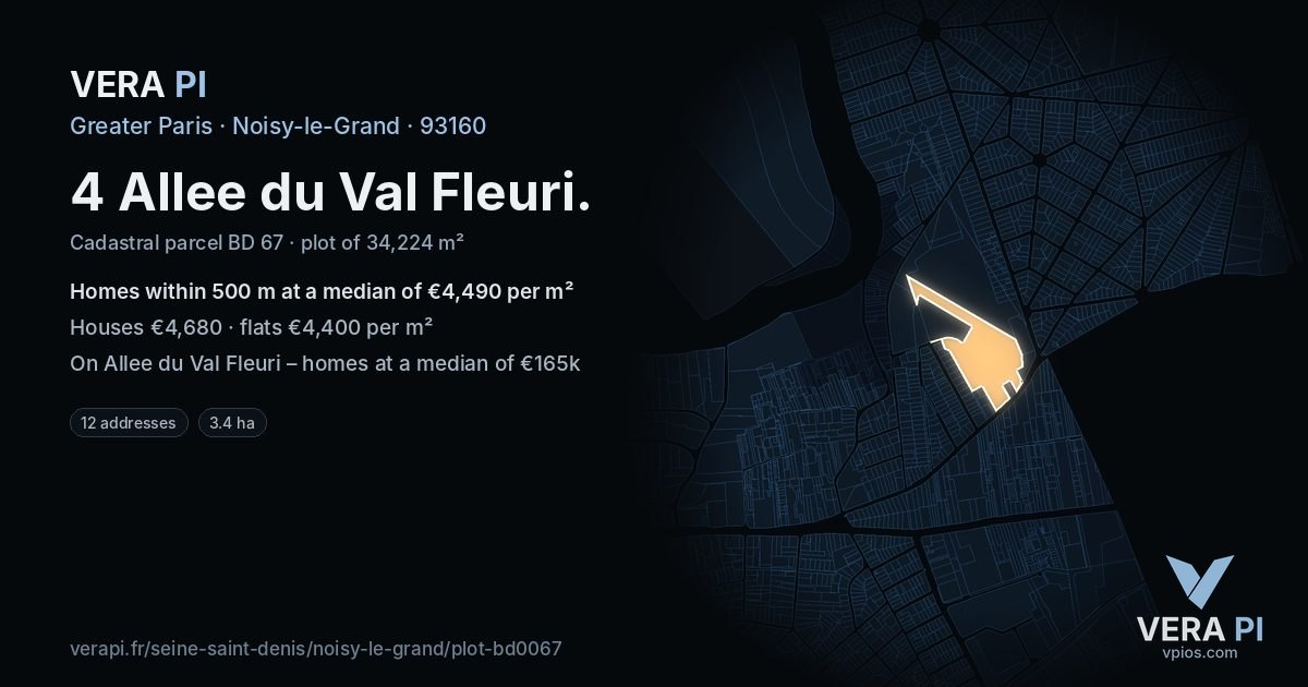 4 Allee du Val Fleuri, Noisy-le-Grand at night – the plot lit, the parcels around coloured by the prices near them