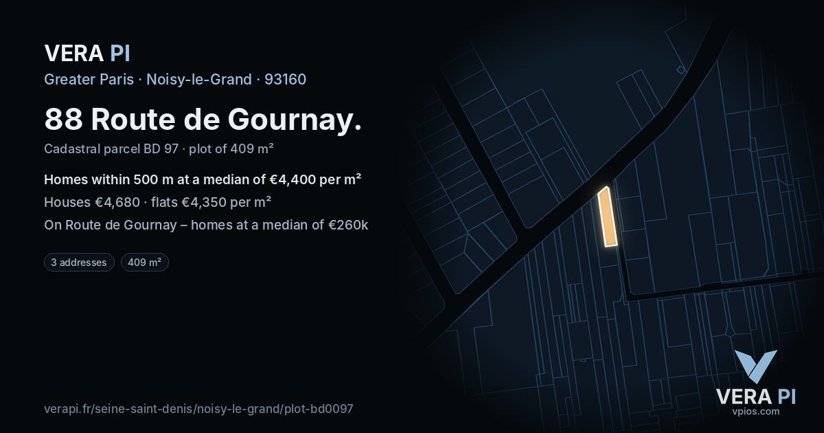 88 Route de Gournay, Noisy-le-Grand at night – the plot lit, the parcels around coloured by the prices near them