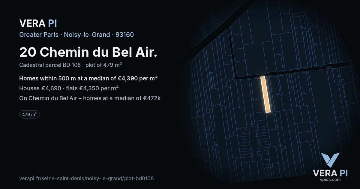 20 Chemin du Bel Air, Noisy-le-Grand at night – the plot lit, the parcels around coloured by the prices near them