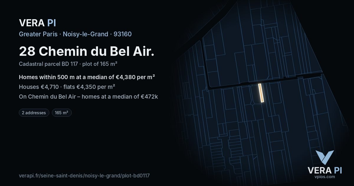 28 Chemin du Bel Air, Noisy-le-Grand at night – the plot lit, the parcels around coloured by the prices near them
