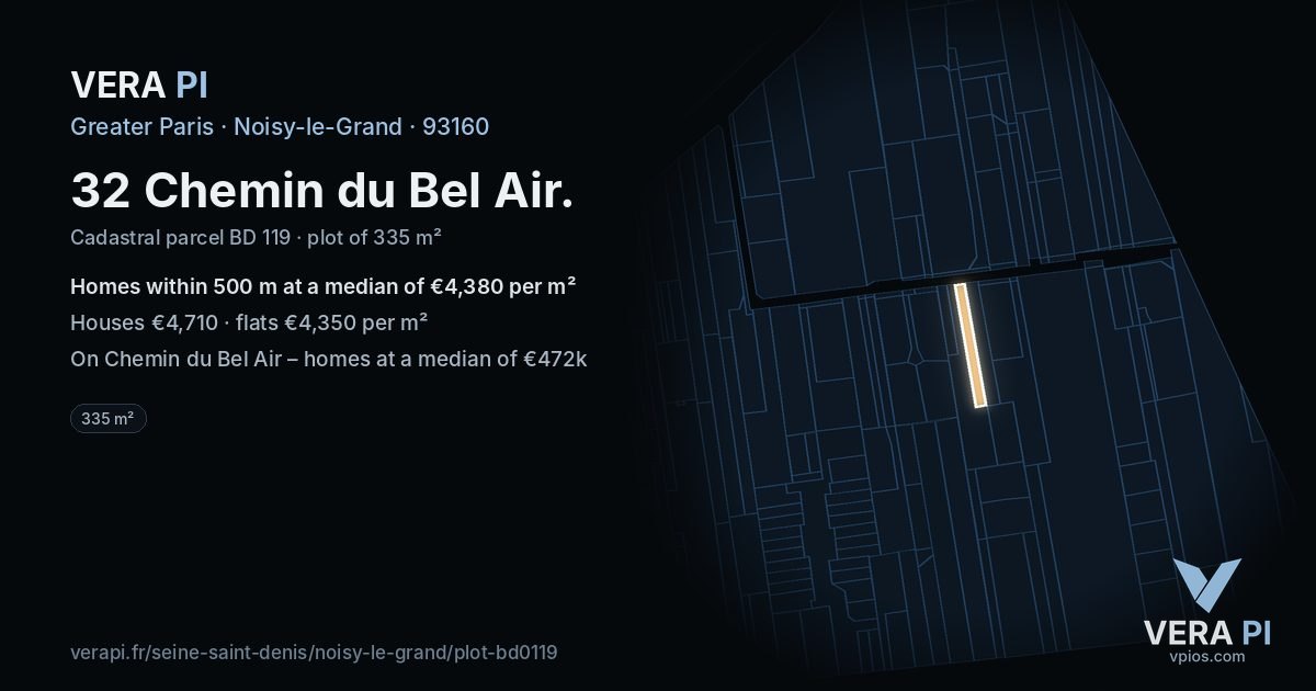 32 Chemin du Bel Air, Noisy-le-Grand at night – the plot lit, the parcels around coloured by the prices near them